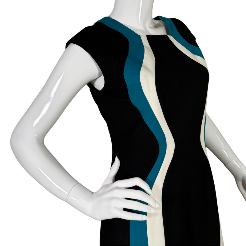Load image into Gallery viewer, donated sleeveless Anne Klein Colorblock Seath Retro Dress features a bold and flattering colorblock design in black, white, and tea
