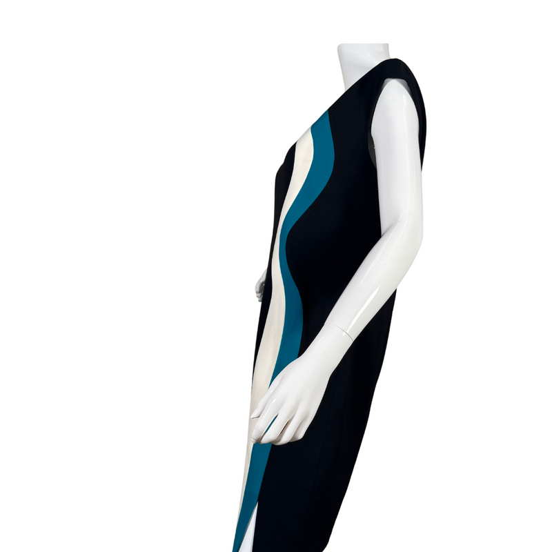Load image into Gallery viewer, donated sleeveless Anne Klein Colorblock Seath Retro Dress features a bold and flattering colorblock design in black, white, and tea
