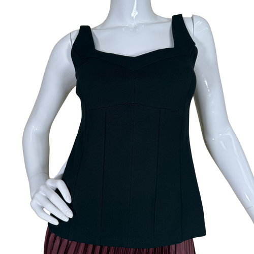 Black sleeveless top on a mannequin with a white background