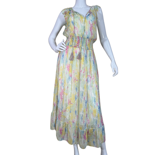 pre-loved Anthropologie Pastel Watercolor Maxi Dress with Smocked Waist is crafted in a delicate watercolor print in soft hues of yellow, pink, and blue