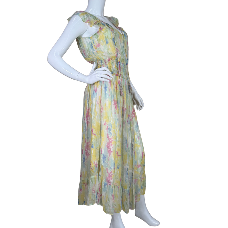 Load image into Gallery viewer, pre-loved Anthropologie Pastel Watercolor Maxi Dress with Smocked Waist is crafted in a delicate watercolor print in soft hues of yellow, pink, and blue

