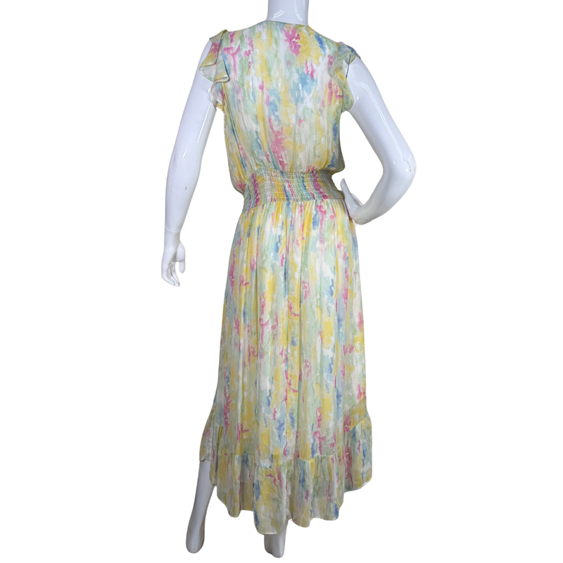 Load image into Gallery viewer, pre-loved Anthropologie Pastel Watercolor Maxi Dress with Smocked Waist is crafted in a delicate watercolor print in soft hues of yellow, pink, and blue
