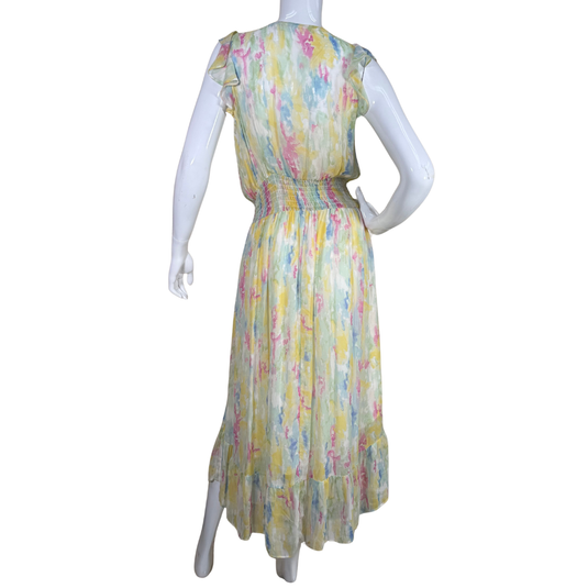 pre-loved Anthropologie Pastel Watercolor Maxi Dress with Smocked Waist is crafted in a delicate watercolor print in soft hues of yellow, pink, and blue