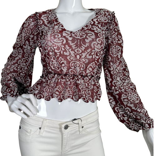 Make a stylish statement with this donated Anthropologie Sheer Burgundy Top with White Ornaments, adorned with a delicate silver damask pattern