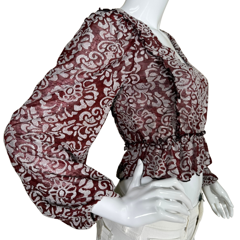 Load image into Gallery viewer, Make a stylish statement with this donated Anthropologie Sheer Burgundy Top with White Ornaments, adorned with a delicate silver damask pattern
