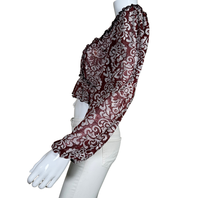 Load image into Gallery viewer, Make a stylish statement with this donated Anthropologie Sheer Burgundy Top with White Ornaments, adorned with a delicate silver damask pattern
