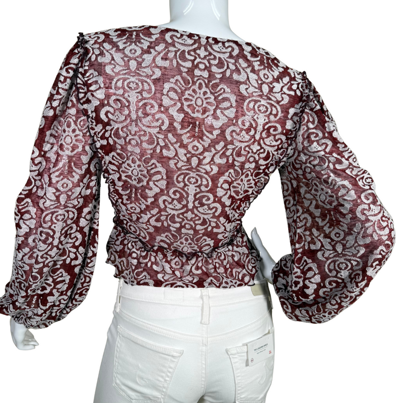 Load image into Gallery viewer, Make a stylish statement with this donated Anthropologie Sheer Burgundy Top with White Ornaments, adorned with a delicate silver damask pattern
