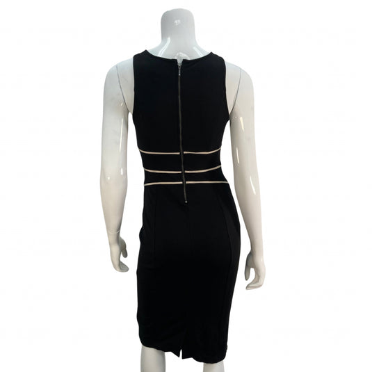 Anthropologie Maeve Cavatina Bodycon Dress black with white piping on mannequin back view