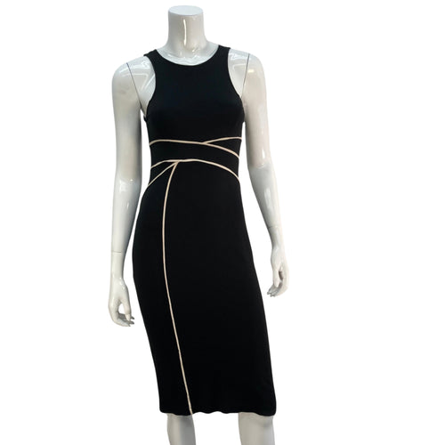 Anthropologie Maeve Cavatina Bodycon Dress black with white piping on mannequin front view