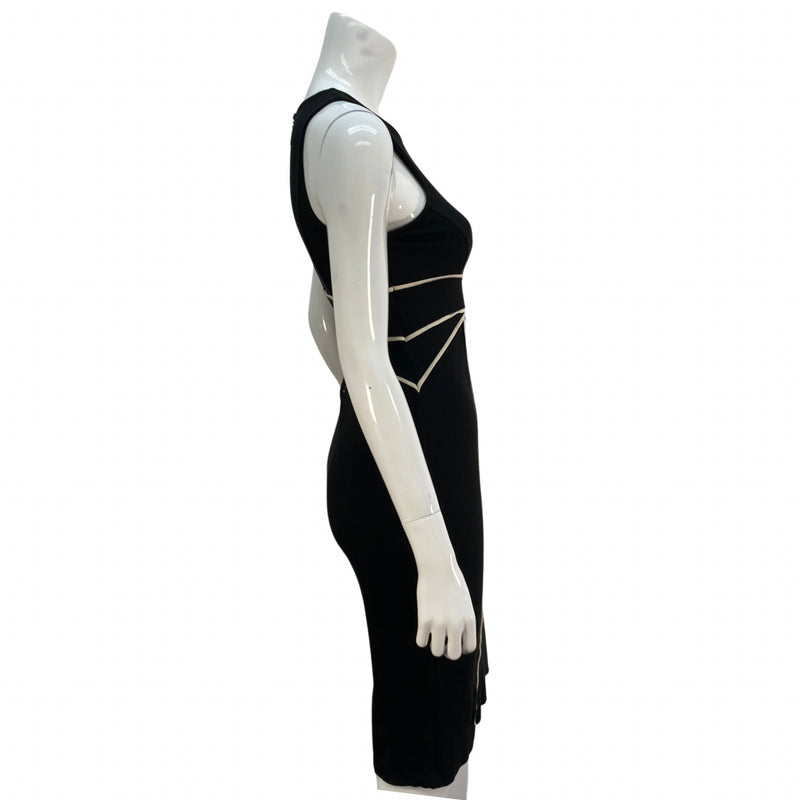 Load image into Gallery viewer, Anthropologie Maeve Cavatina Bodycon Dress black with white piping on mannequin side view
