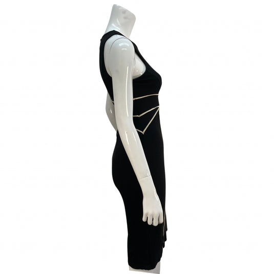 Anthropologie Maeve Cavatina Bodycon Dress black with white piping on mannequin side view