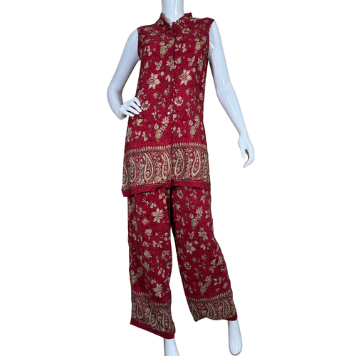 vibrant August Silk Red Floral Two Piece Set a sleeveless collared tunic top with a button-down front and coordinating wide-leg pants