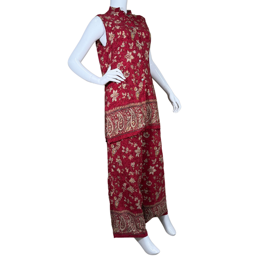 vibrant August Silk Red Floral Two Piece Set a sleeveless collared tunic top with a button-down front and coordinating wide-leg pants