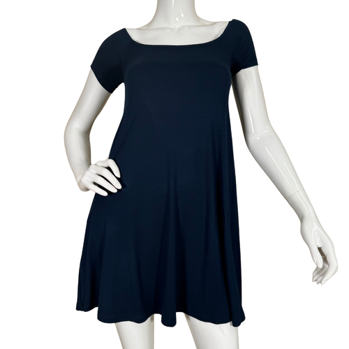 Ava Sky Navy Short Sleeve Swing Dress features a flattering scoop neckline and a relaxed A-line silhouette that drapes beautifully on the body