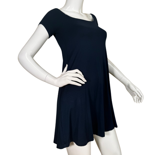 Black dress on a white mannequin against a white background
