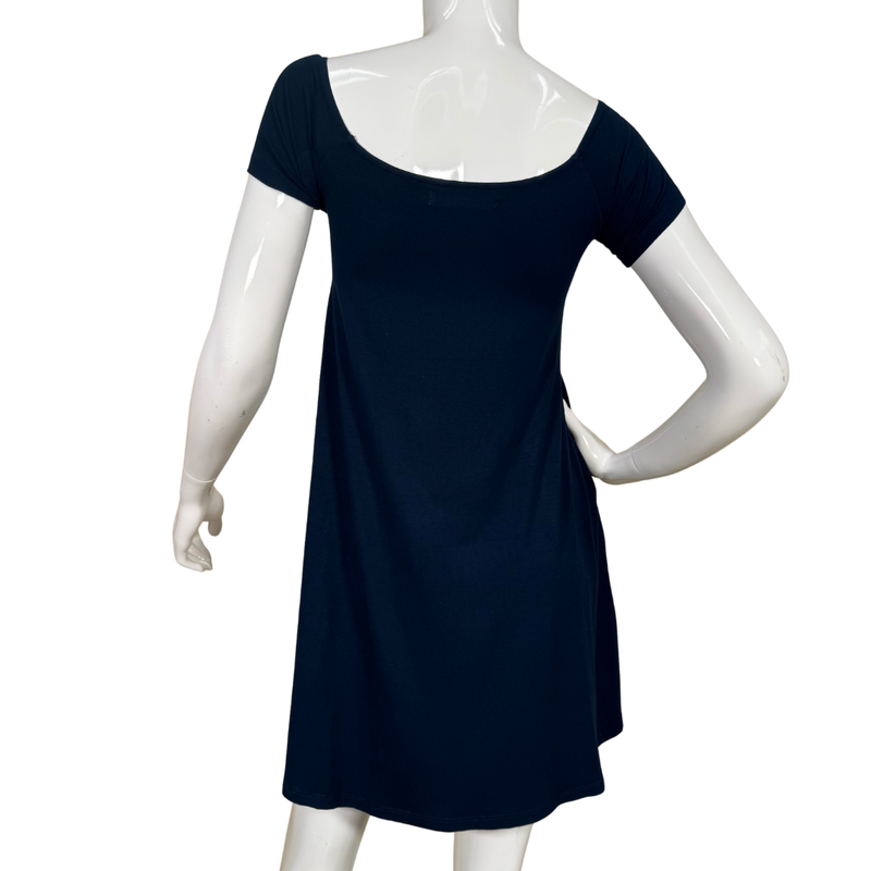 Load image into Gallery viewer, Ava Sky Navy Short Sleeve Swing Dress features a flattering scoop neckline and a relaxed A-line silhouette that drapes beautifully on the body
