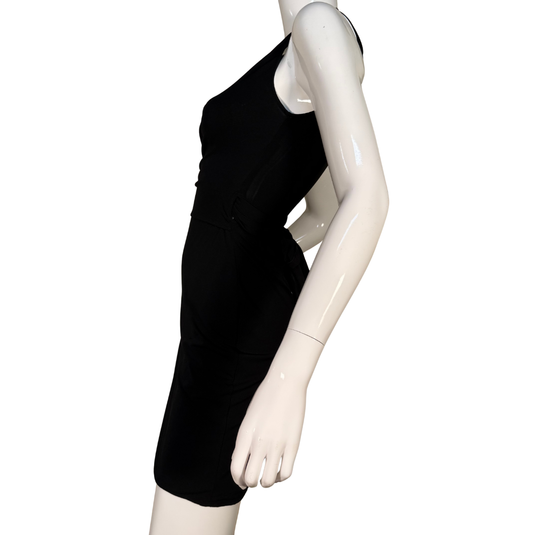 Black dress on a mannequin against a white background