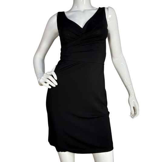  BCBG Maxazria Black Wrap Dress. Designed with a figure-flattering ruched bodice and a soft, stretchy fit, this sleeveless dress transitions seamlessly from day to night