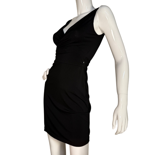 Black one-shoulder dress on a mannequin against a white background