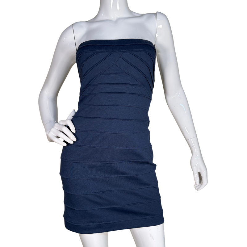 Load image into Gallery viewer,  BCBG Maxazria Dark Blue Bodycon Dress, a sleek navy-blue mini designed to sculpt your curves with effortless sophistication
