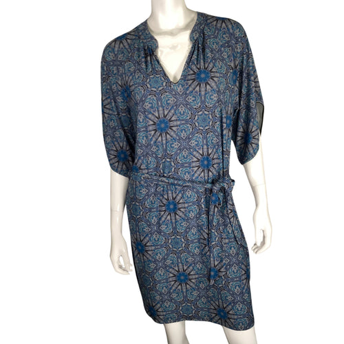 Deborah Viereck 33 Butterflies Blue Kaleidoscope Wrap Dress front view on mannequin