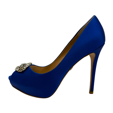 Badgley Mischka Royal Blue Heels with Open Toe, adorned with sparkling crystal embellishments at the toe for a glamorous touch