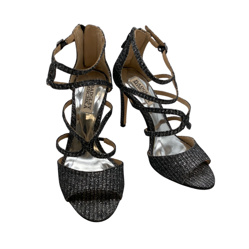 Load image into Gallery viewer, Badgley Mischka Sparkly Elegant High Heels feature multiple thin straps with a crisscross design for added sophistication.
