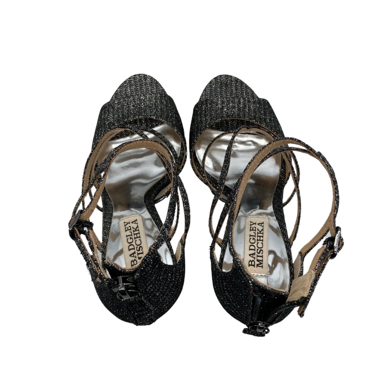 Load image into Gallery viewer, Badgley Mischka Sparkly Elegant High Heels feature multiple thin straps with a crisscross design for added sophistication.
