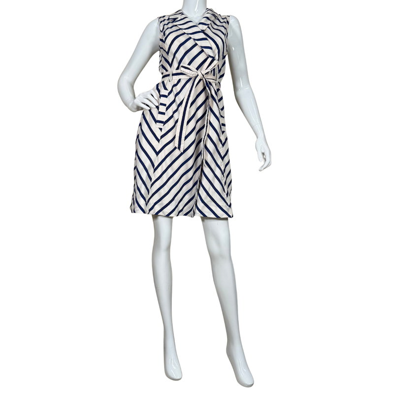 Load image into Gallery viewer, Banana Republic Blue and White Stripped Wrap Dress features a flattering diagonal navy and white stripe pattern with a soft, collared neckline

