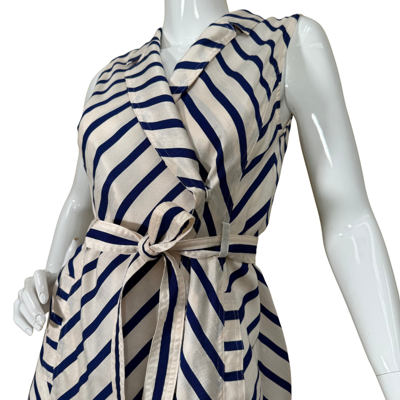 Load image into Gallery viewer, Mannequin wearing a dress with blue and beige striped pattern on a white background
