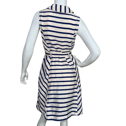 Mannequin wearing a blue and white striped dress on a white background