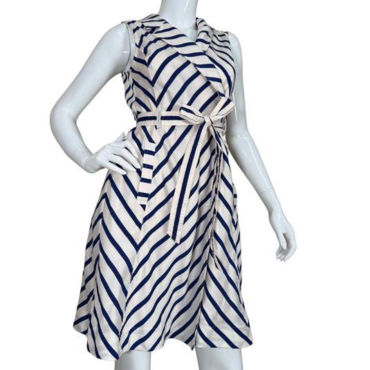 Mannequin wearing a blue and white striped dress on a white background