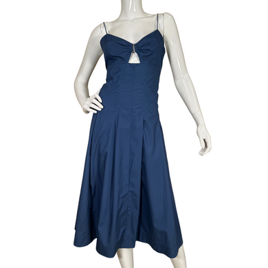 donated elegant Banana Republic Royal Blue Midi Dress features a flattering sweetheart neckline with a delicate bow-tie detail and a small cut-out at the center