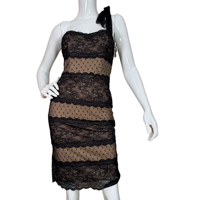 Betsey Johnson Sexy Sheer Black Lace One-Shoulder Dress with a nude underlay