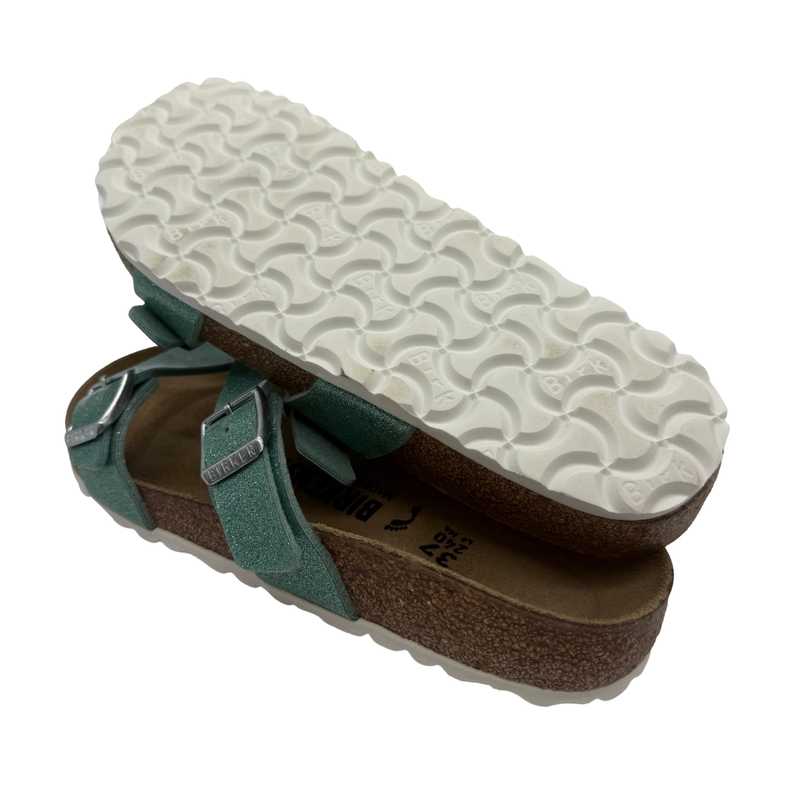 Load image into Gallery viewer, Green sandal with a textured white sole on a white background
