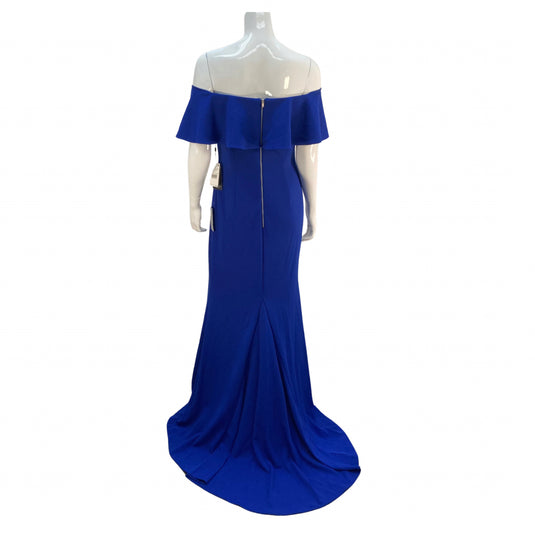 Back view Adrianna Papell royal blue gown with train, off the shoulder