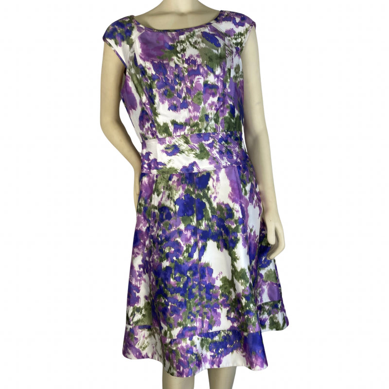 Load image into Gallery viewer, Maggy London Purple Green and White Print Dress
