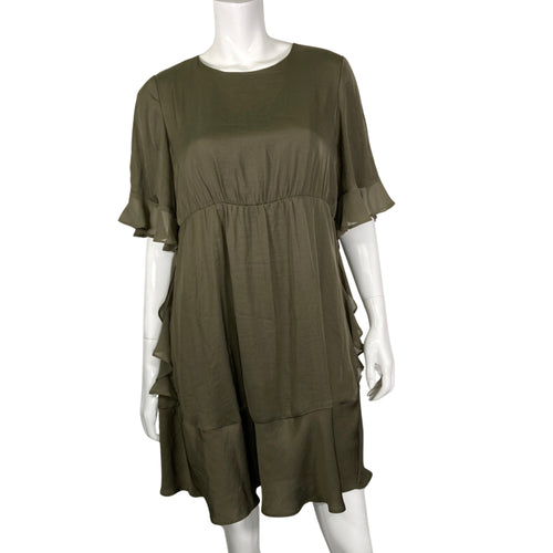 Who What Wear Chic and Elegant Olive Green Dress front view, short sleeves adorned with delicate ruffle details that adds a touch of femininity and movement