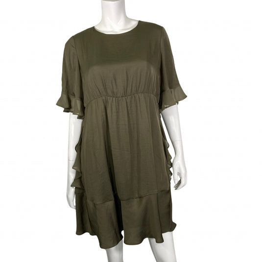 Who What Wear Chic and Elegant Olive Green Dress front view, short sleeves adorned with delicate ruffle details that adds a touch of femininity and movement