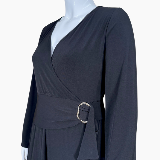Navy wrap dress with a belt on a mannequin against a white background