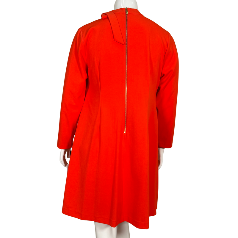 Load image into Gallery viewer, elegant donated Calvin Klein Red Long-Sleeve Shift Dress with Bow Detail features a high neckline accented with a charming bow tie on the shoulder, adding a touch of sophistication
