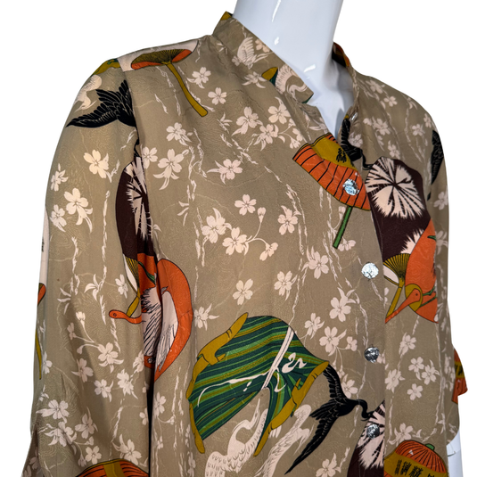 Citron Beige Floral Blouse with Silver Buttons