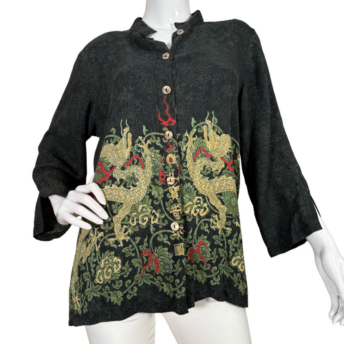pre-loved Citron Black Asian-Inspired Button-Up Top with Dragon Embroidery is intricately embroidered with golden dragons and lush green foliage accented by red flames, evoking a regal East Asian aesthetic