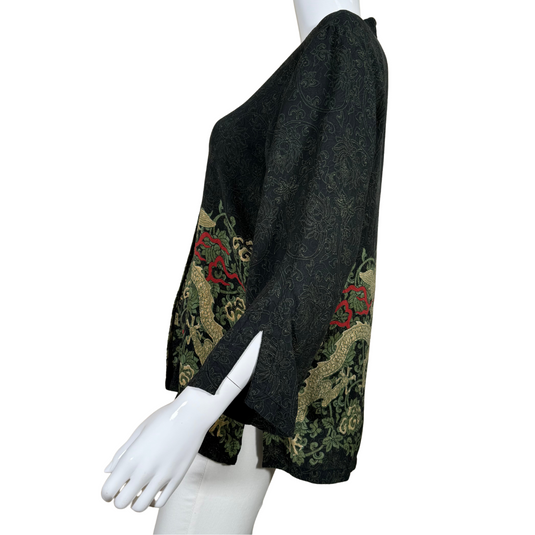 pre-loved Citron Black Asian-Inspired Button-Up Top with Dragon Embroidery is intricately embroidered with golden dragons and lush green foliage accented by red flames, evoking a regal East Asian aesthetic