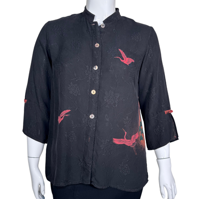 Citron Black Blouse with Red Birds and Japanese Landscape at the Back
