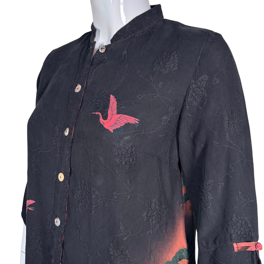 Citron Black Blouse with Red Birds and Japanese Landscape at the Back