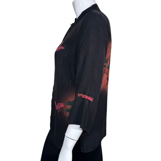 Citron Black Blouse with Red Birds and Japanese Landscape at the Back