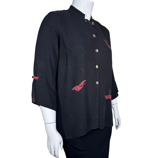 Citron Black Blouse with Red Birds and Japanese Landscape at the Back