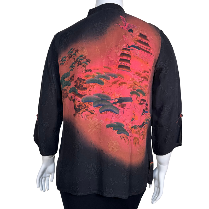 Load image into Gallery viewer, Citron Black Blouse with Red Birds and Japanese Landscape at the Back
