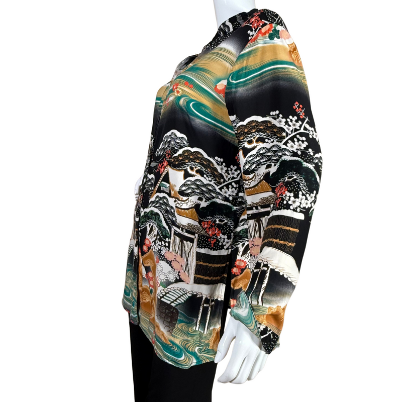 Load image into Gallery viewer, pre-loved Citron Black Blouse with Scenic Japanese Motives showcases a bold and artistic print inspired by traditional East Asian landscape paintings
